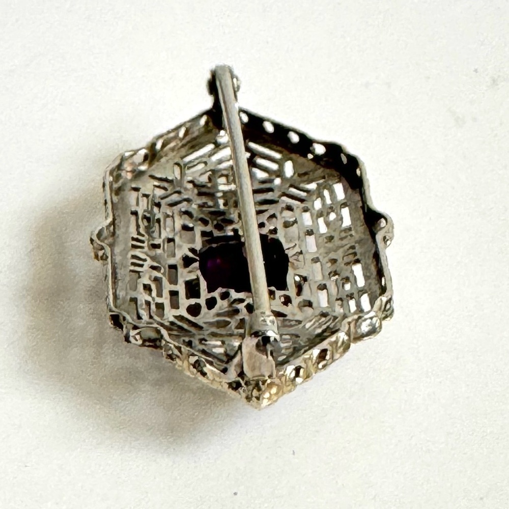 Art Deco 10K White Gold Brooch Filigree‎ Amethyst Pin Ornate Victorian Vintage - Picture 7 of 12